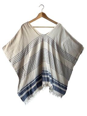 Handloom Nomad Cotton Poncho Beige Striped Fringe Boho Made Turkey Handmade